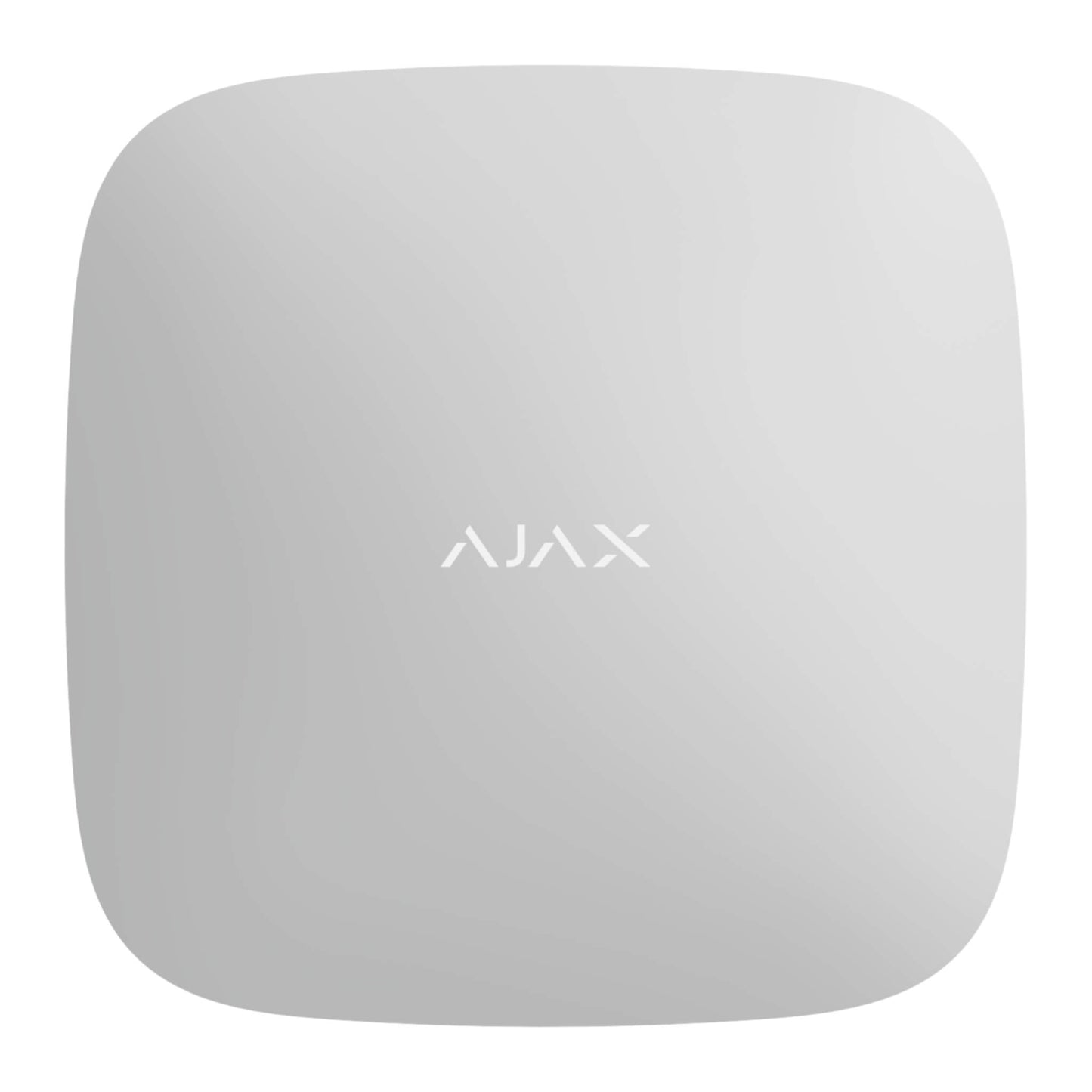 White hub plus control panel from ajax security systems , with wifi and ethernet connection , device is 163 × 163 × 36 mm in size and 350grams in weight, front view pf Hub 2