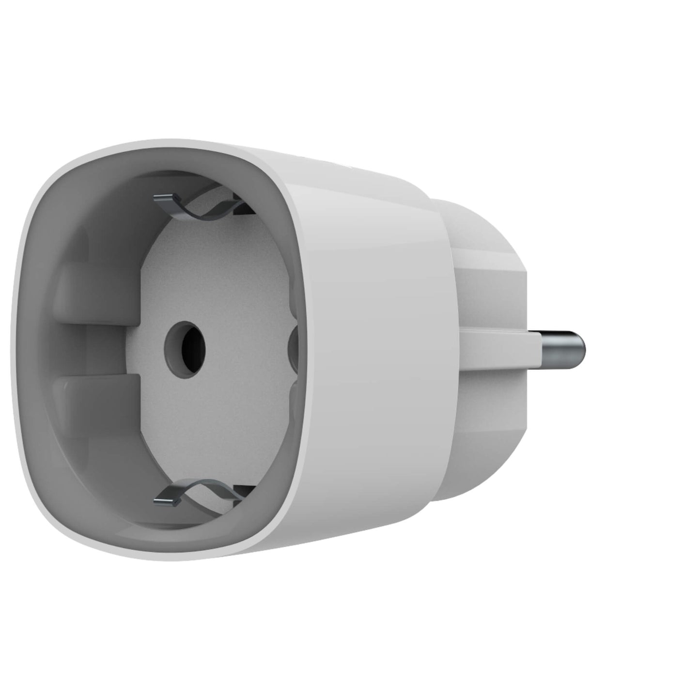 White Ajax Socket - Smart Wall Switch for home and business Automation control, Backside view of Device, 65.5 × 45 × 45 mm in size, 58 grams in Weight, IP20 rated for indoor use only. Side View of Device