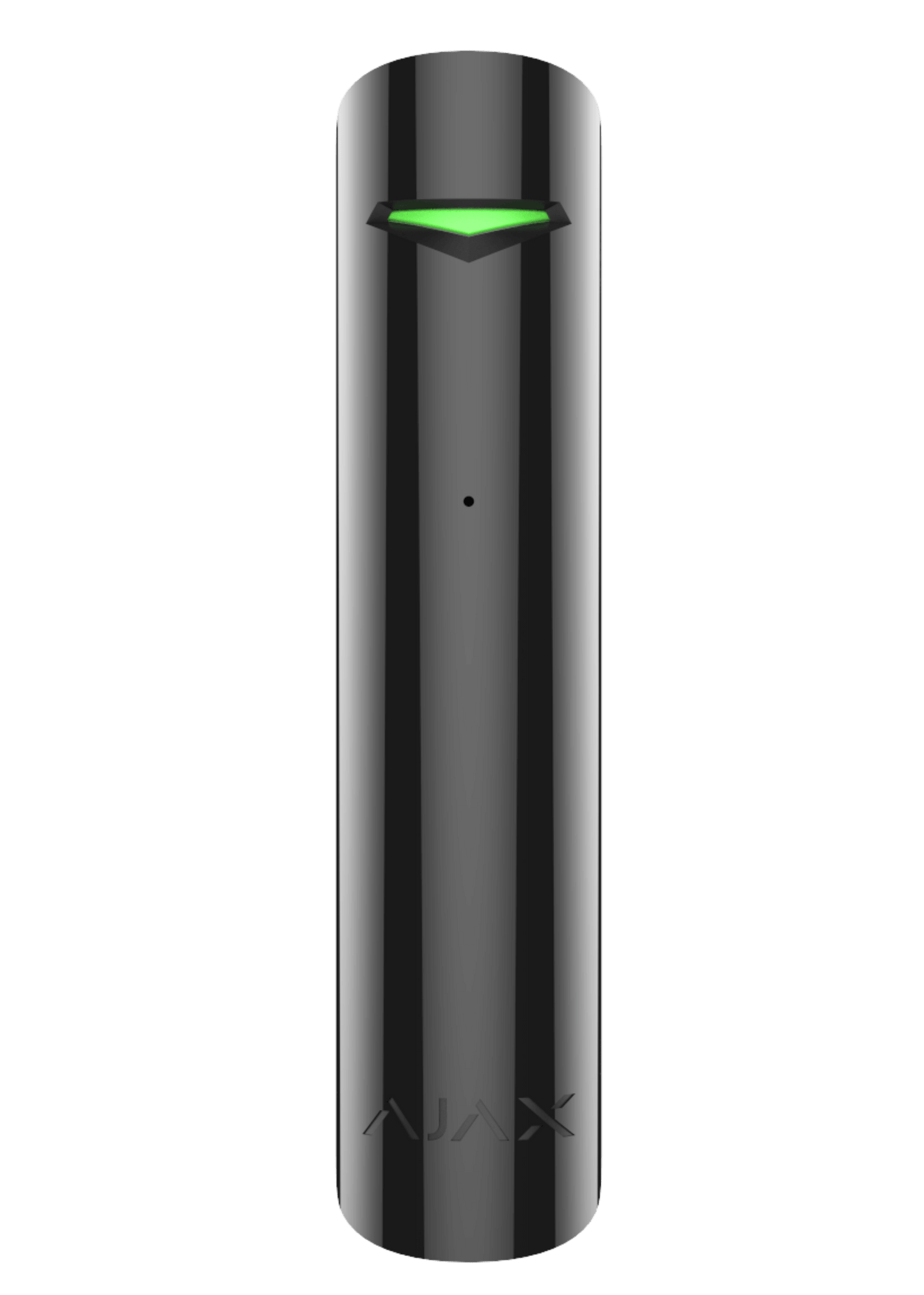 Black Ajax GlassProtect glass break sensor, Front view 20 × 90 mm in size IP50 rated. wireless detector
