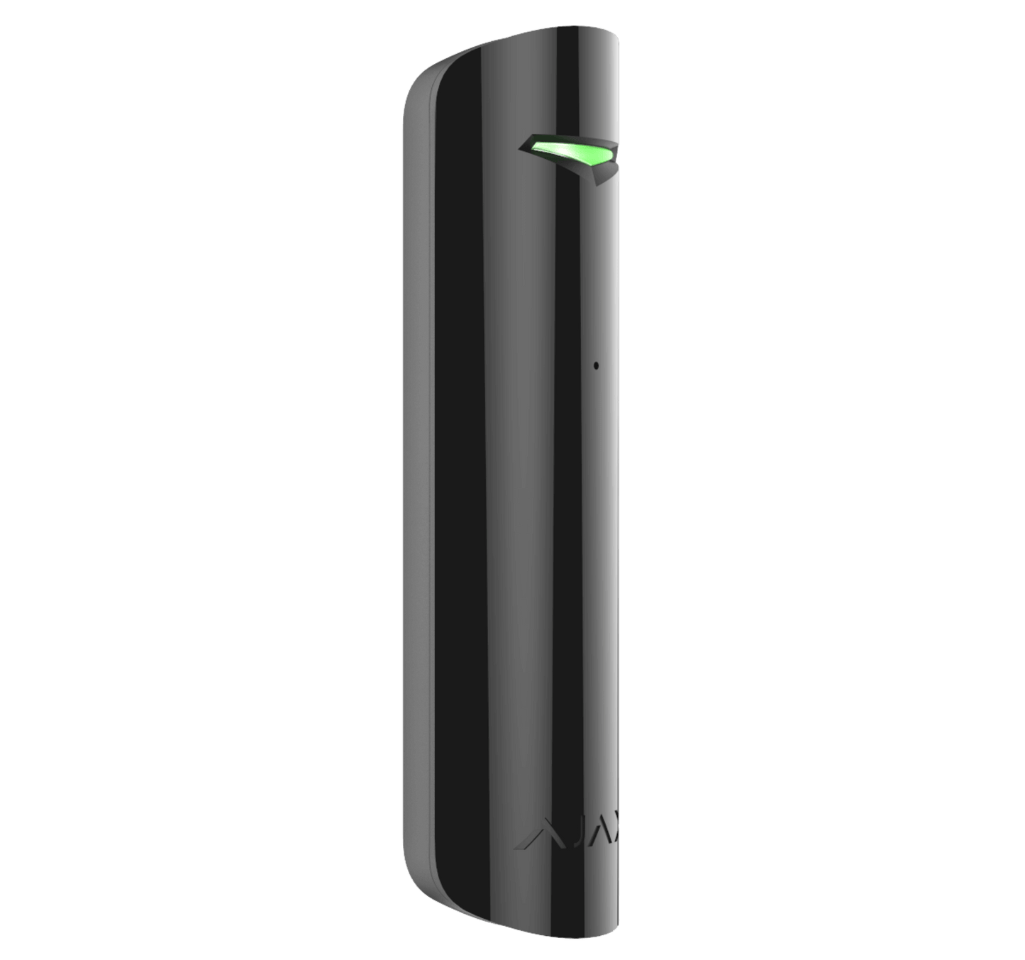 Black Ajax GlassProtect glass break sensor, turned view 20 × 90 mm in size IP50 rated. wireless detector
