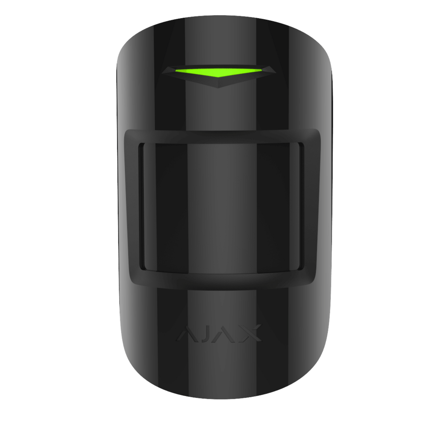 Black Ajax MotionProtect wireless motion sensor from Ajax Security Systems, 110 × 65 × 50 mm in size, 86grams in weight . for smart home and business security, front view of device