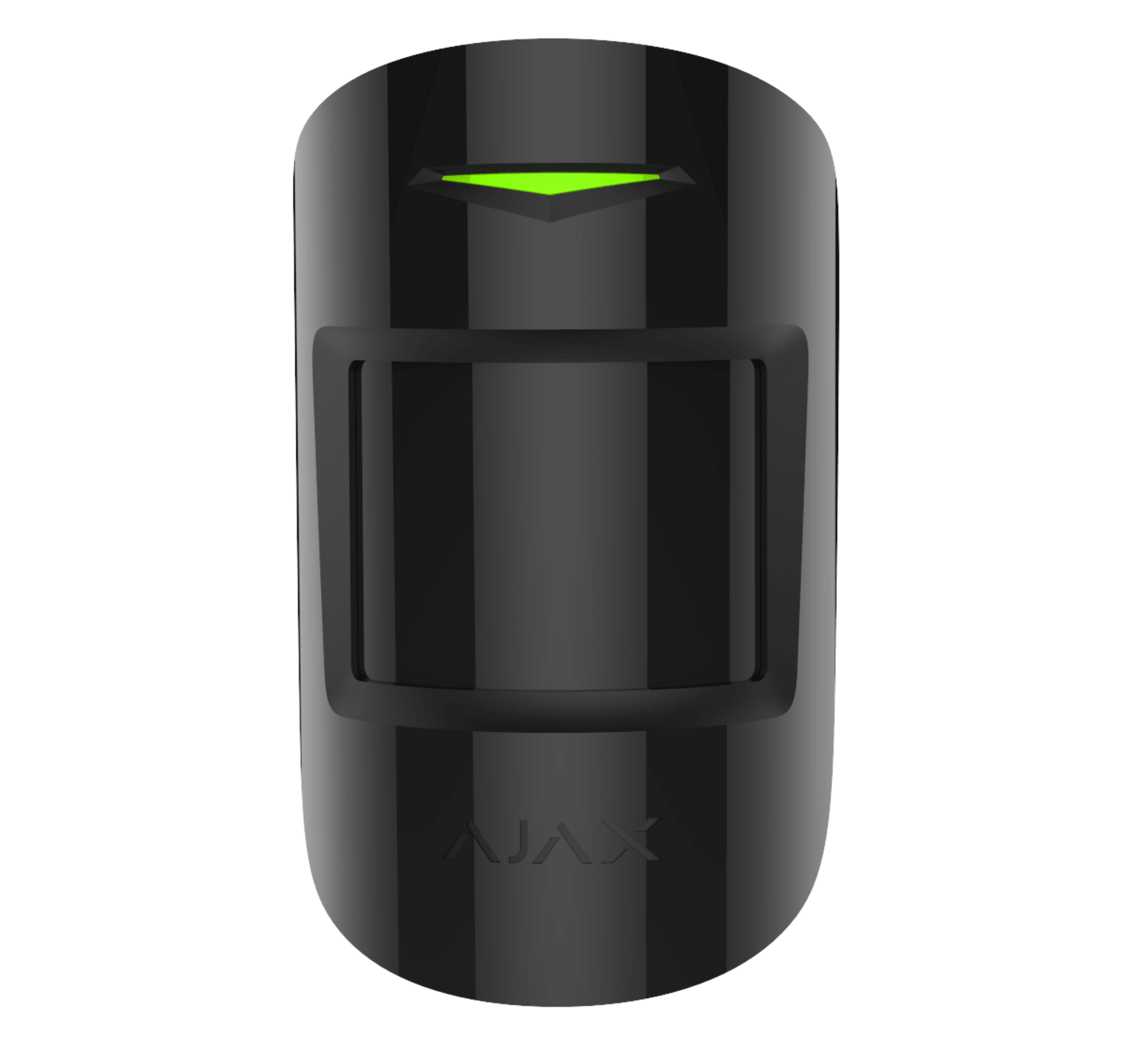 Black Ajax MotionProtect wireless motion sensor from Ajax Security Systems, 110 × 65 × 50 mm in size, 86grams in weight . for smart home and business security, front view of device