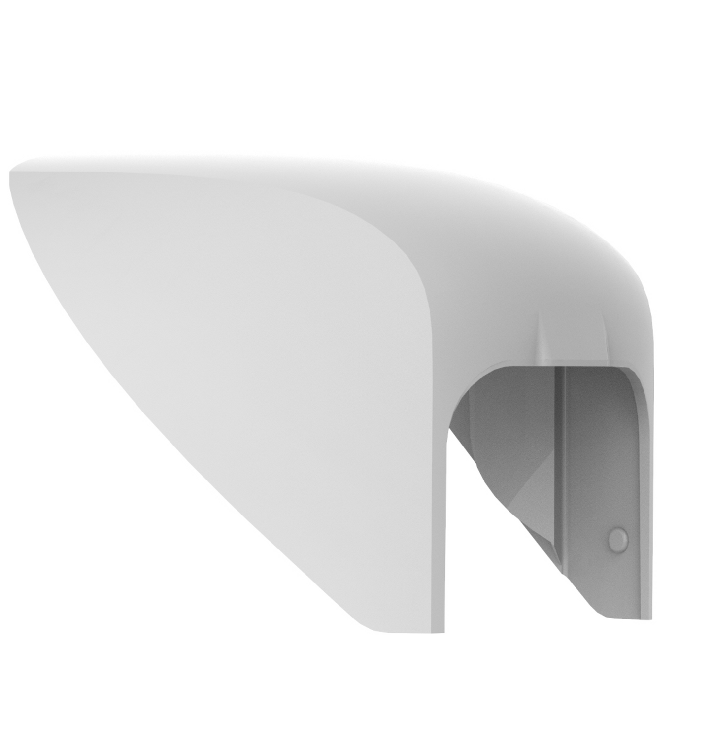White Ajax hood for the Ajax MotionProtect outdoor motion detector, 110 × 96 × 90 mm in size. 71 g in weight. Made from Plastic , Backside view of product