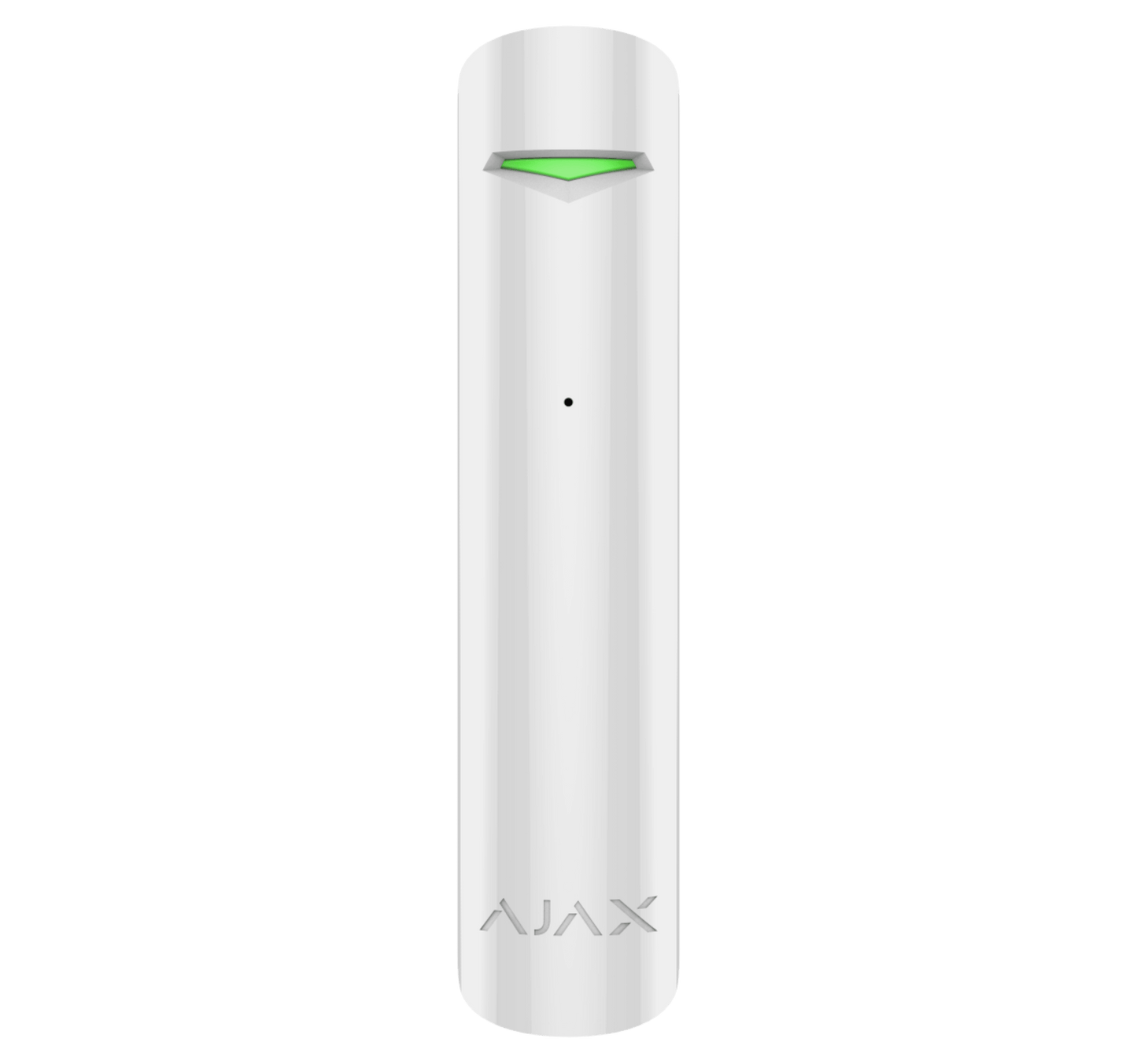 White Ajax GlassProtect glass break sensor, front view 20 × 90 mm in size IP50 rated. wireless detector