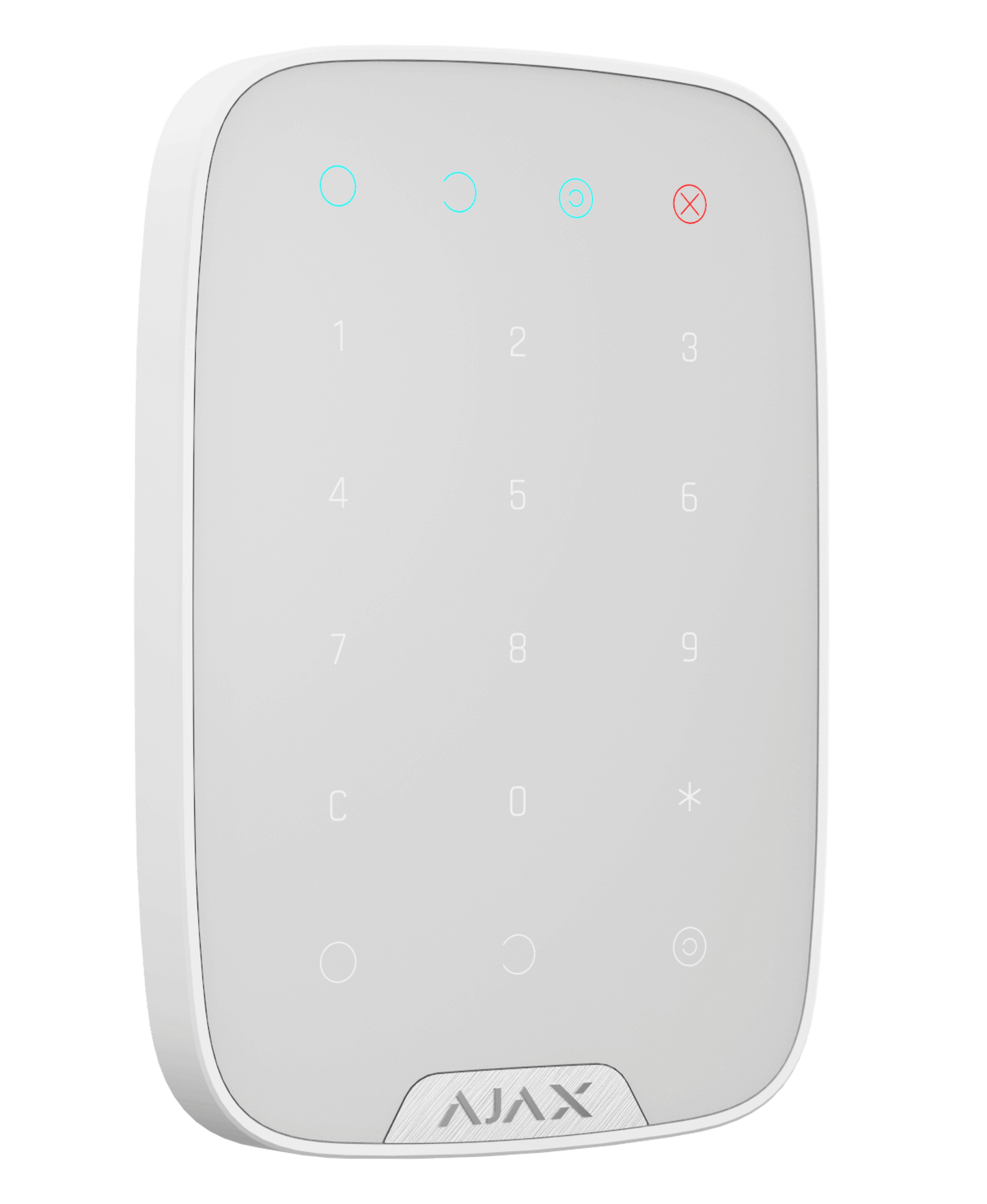 White Ajax KeyPad a practical numerical keypad for alarm system control, 150 × 103 × 14 mm in size , 197grams in weight for smart home and business security, turned view