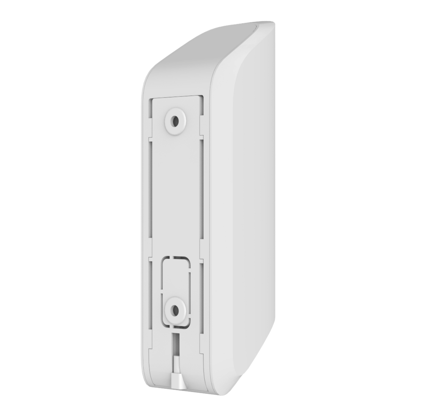 White Ajax MotionProtect Curtain detector a wireless motion detector for business and home security, 134 × 44 × 34 mm in size , 118grams in weight, Backside view of device