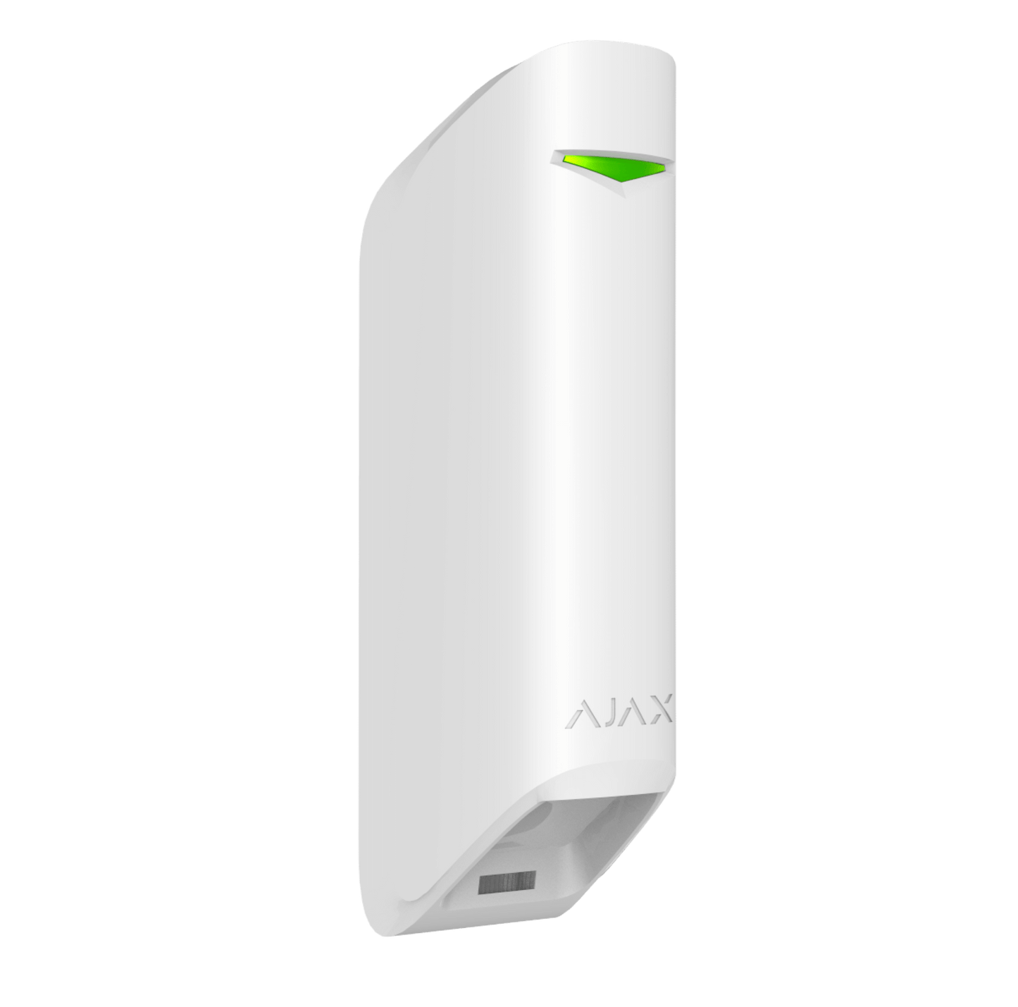 White Ajax MotionProtect Curtain detector a wireless motion detector for business and home security, 134 × 44 × 34 mm in size , 118grams in weight, Turned view of device