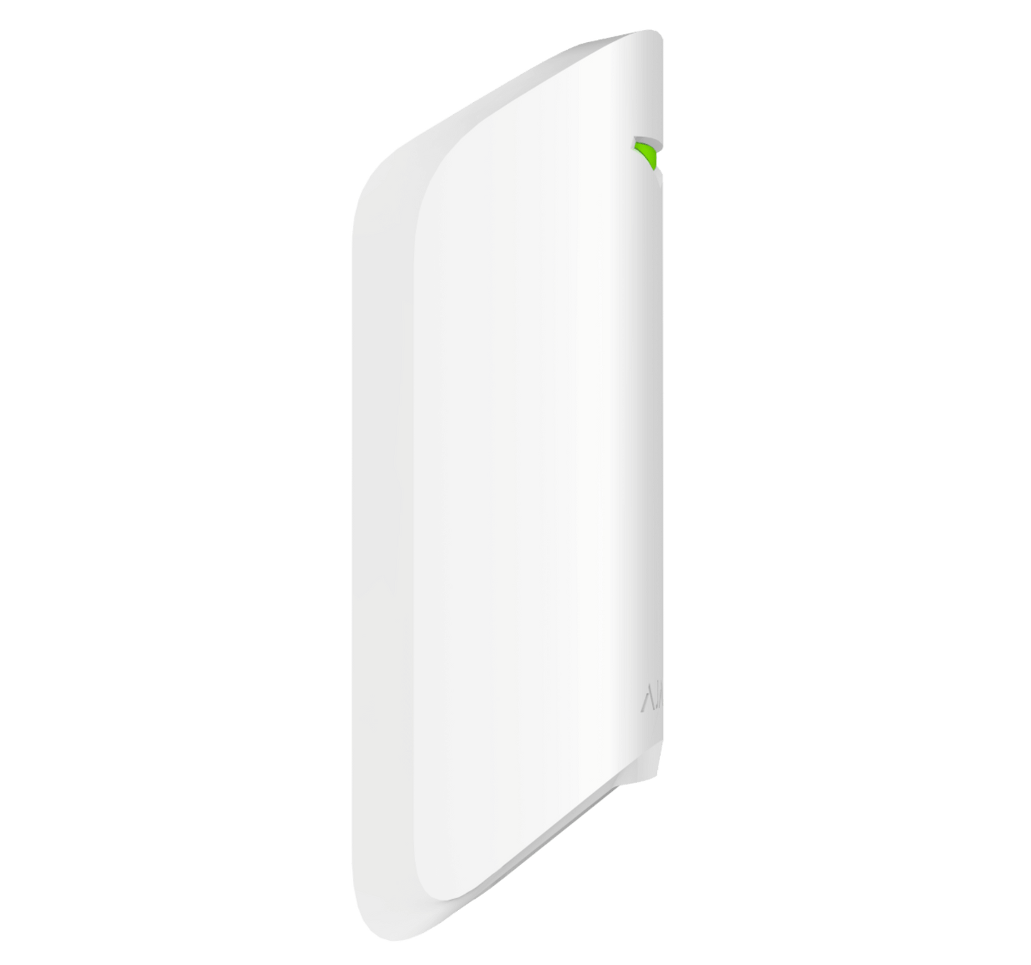 White Ajax MotionProtect Curtain detector a wireless motion detector for business and home security, 134 × 44 × 34 mm in size , 118grams in weight, Side view of device
