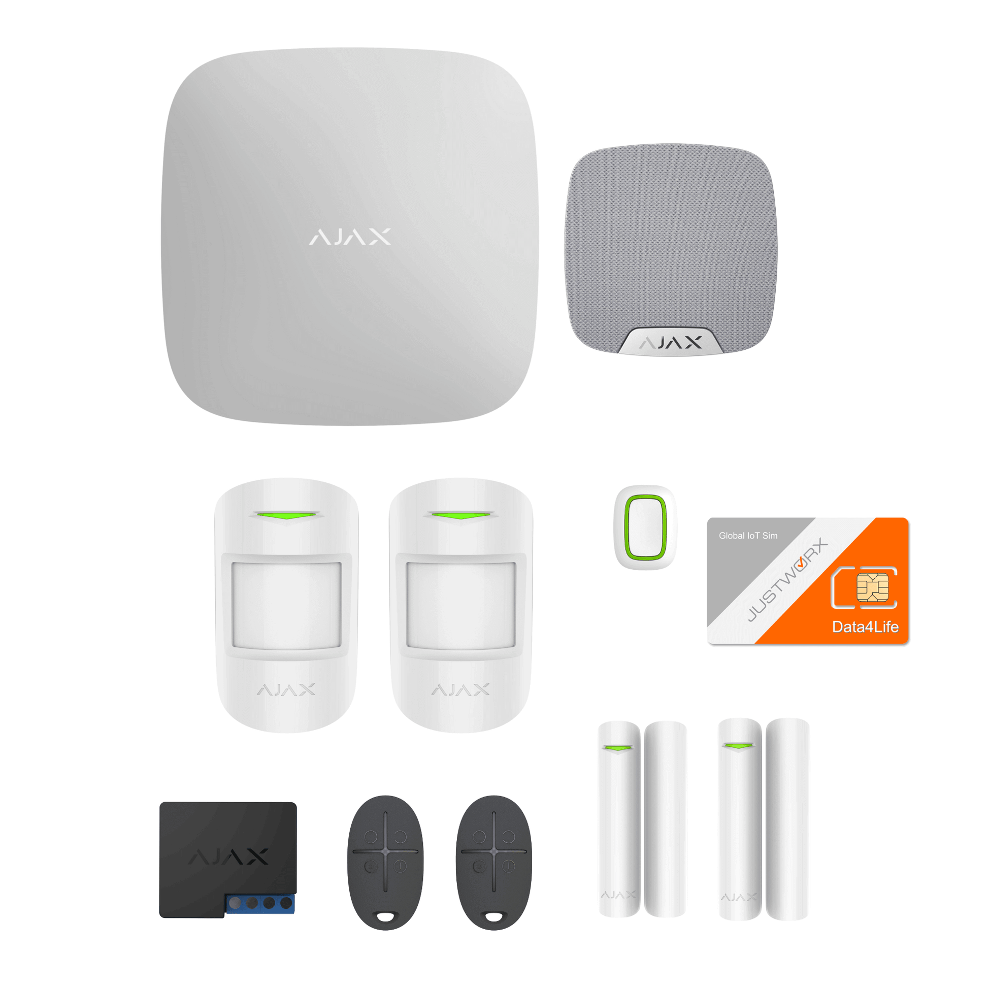 Ajax Family Kit, includes all necessary devices for indoor Security, Ajax motionProtects, Ajax DoorProtect, Ajax Relay, Ajax HomeSiren, Ajax SpaceControl, JustWorx Sim card full view of contents in box