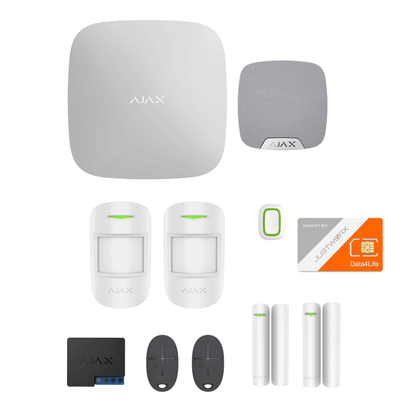 Ajax Family Kit, includes all necessary devices for indoor Security, Ajax motionProtects, Ajax DoorProtect, Ajax Relay, Ajax HomeSiren, Ajax SpaceControl, JustWorx Sim card full view of contents in box