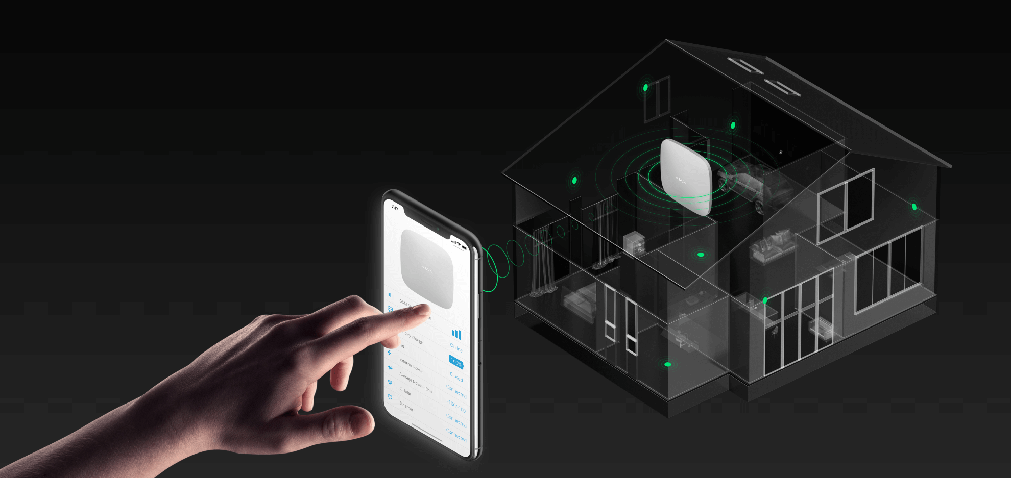 Ajax Hub with hand using app to show how to use Smart home security