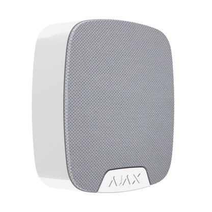 White Ajax HomeSiren, security siren for home 75х76х27 mm in size , 97 g in weight, side view of device