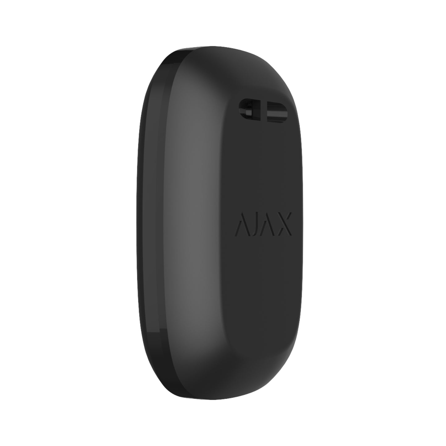 Black Ajax panic button, wireless emergency button, and control device. can be used as a mobile panic switch. 47 × 35 × 13 mm in Size, 16grams in weight. Rated IP55 . Side / Back view of Device.