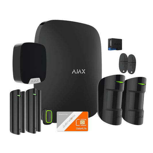 Ajax Family Kit, includes all necessary devices for indoor Security, Ajax motionProtects, Ajax DoorProtect, Ajax Relay, Ajax HomeSiren, Ajax SpaceControl, JustWorx Sim card 