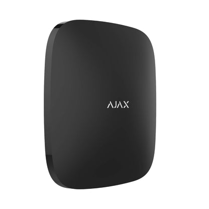 black hub plus control panel from ajax security systems , with wifi and  ethernet connection , device is 163 × 163 × 36 mm in size and 350grams in weight, Turned left Hub 2