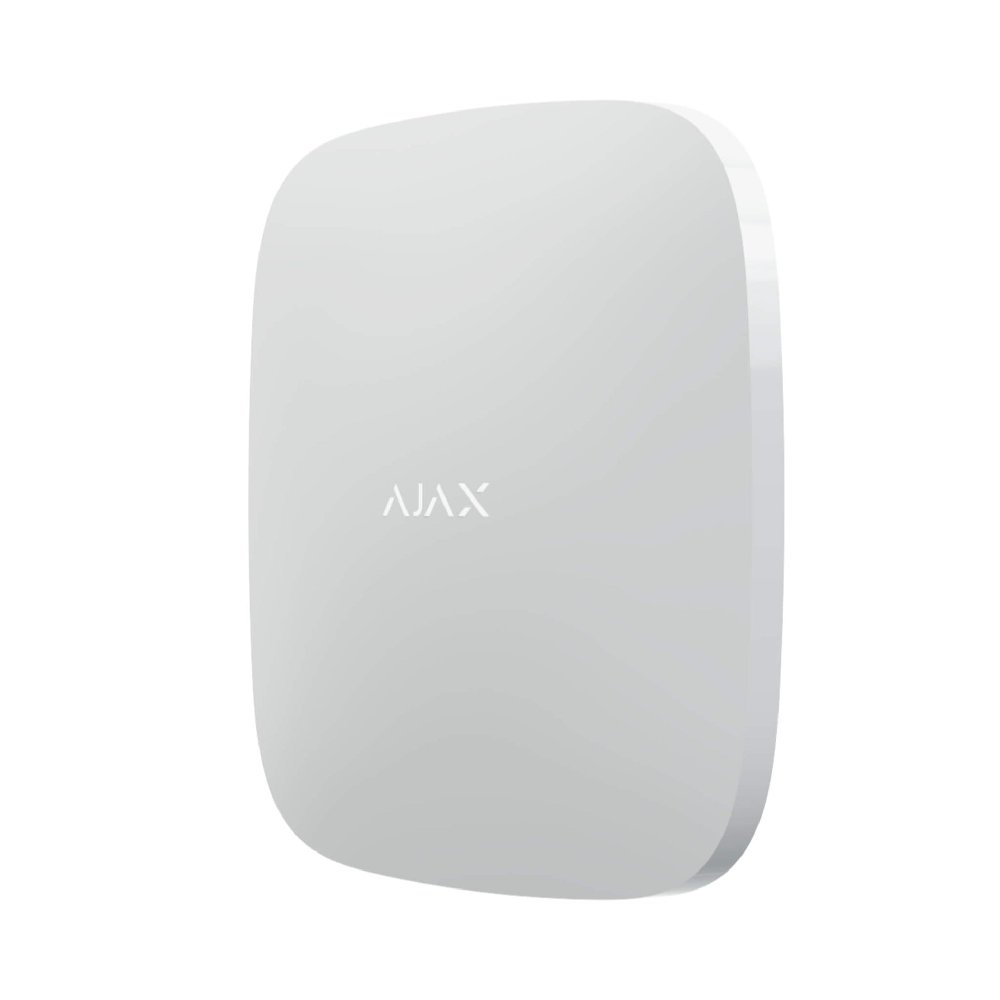 White Ajax Hub 2 (4G) alarm control panel for Ajax Security Systems with Ethernet and 4G LTE backup, 163 × 163 × 36 mm in size, 361grams in weight, lithium battery backup inside device turned right view of device
