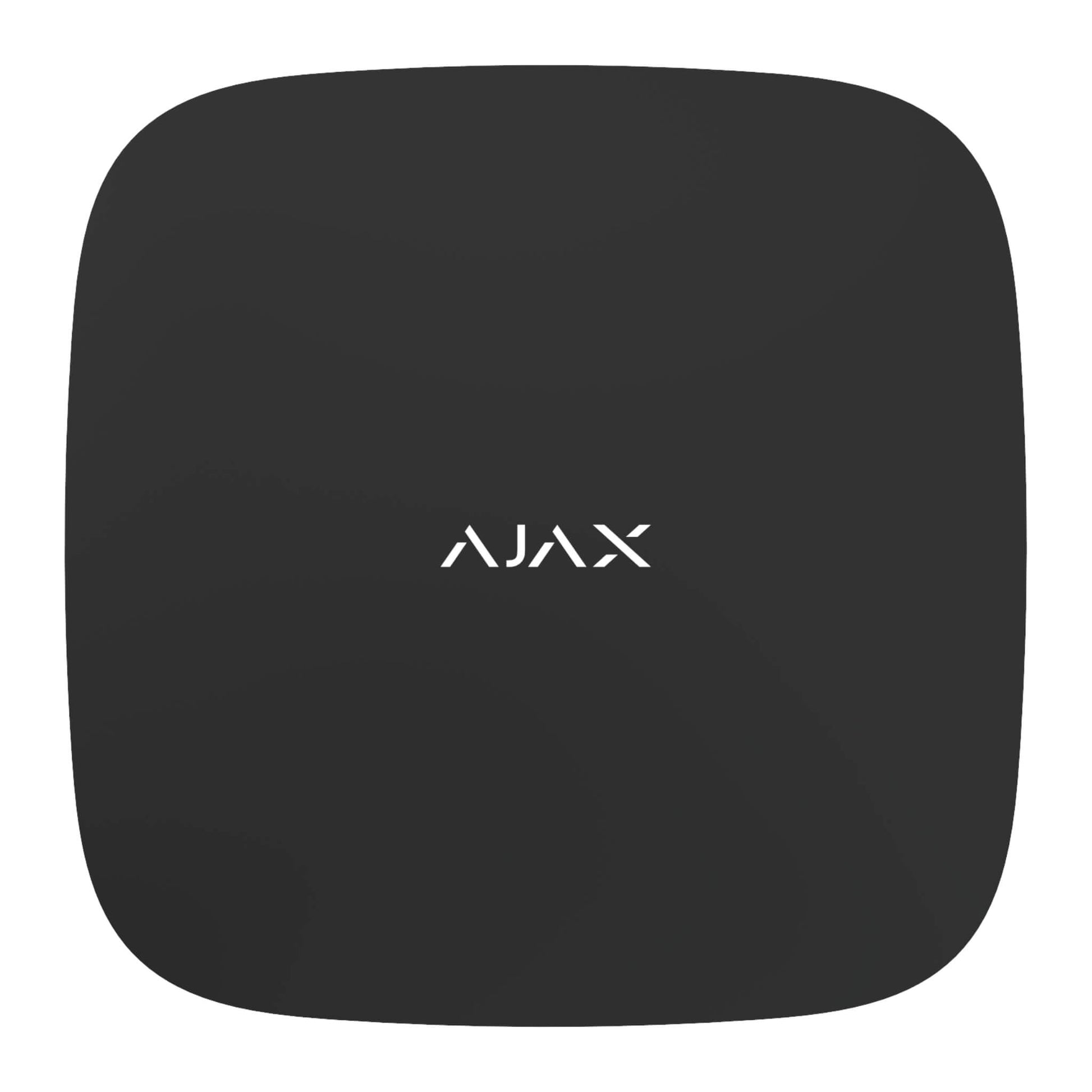 Black Ajax Hub 2 (4G) alarm control panel for Ajax Security Systems with Ethernet and 4G LTE backup, 163 × 163 × 36 mm in size, 361grams in weight, lithium battery backup inside device front view of device
