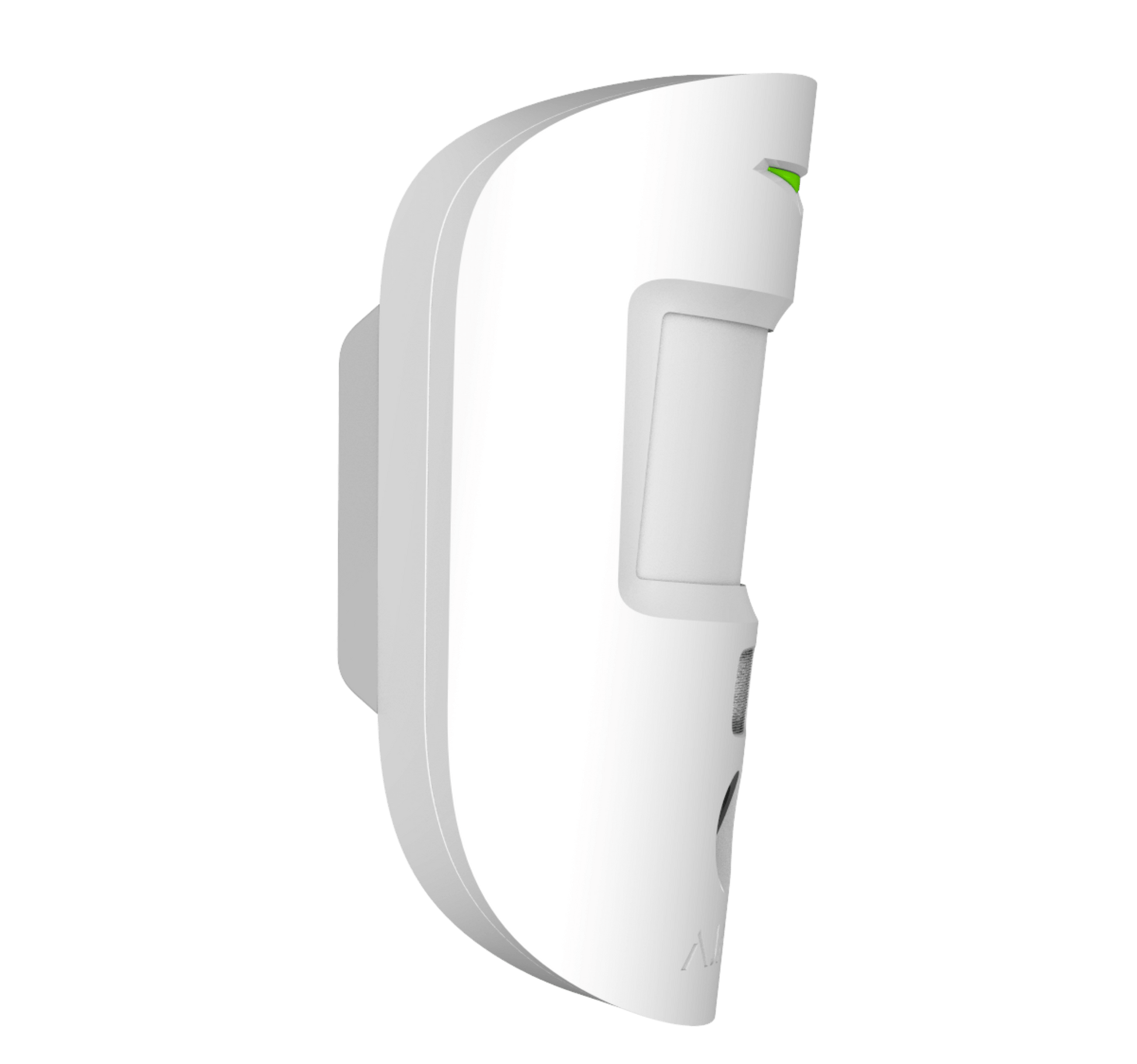 White Ajax MotionCam a wireless motion detector with a built in camera for home and business security, 110 × 65 × 50 mm in size, 86 grams in weight. side view of device
