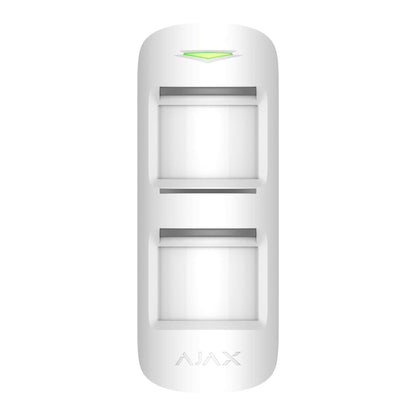 White Ajax MotionProtect Outdoor, a Rugged outdoor inferred sensor for advanced home and business security, 206 × 108 × 93 mm in size, 470 g in weight, front view of device IP55