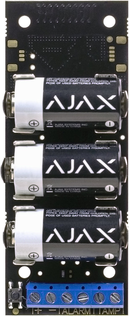 Ajax Security Systems wireless ajax transmitter for home and business security. 100 × 39 × 22 mm in size. 74 grams in size, Rated  Front view of device with batteries.