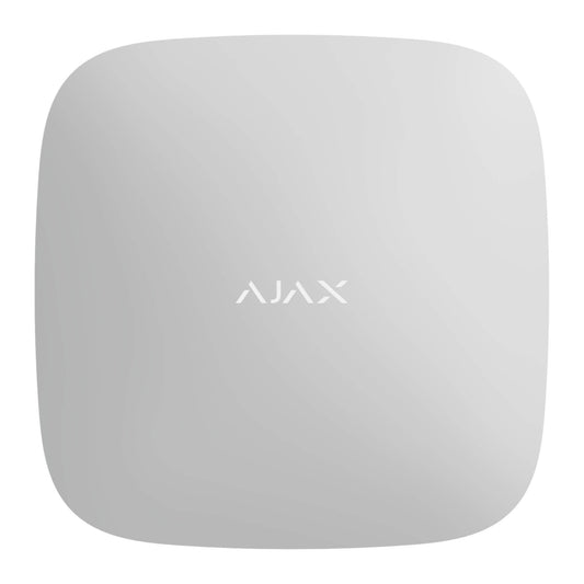White Ajax Hub 2 (4G) alarm control panel for Ajax Security Systems with Ethernet and 4G LTE backup, 163 × 163 × 36 mm in size, 361grams in weight, lithium battery backup inside device front view of device