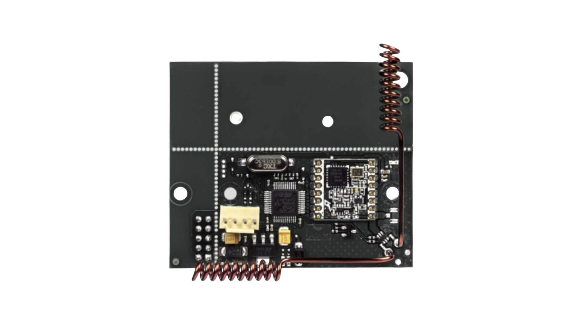 Ajax uartbridge for third party alarm system integration that can be mounted, the device is shipped in the size of 64 × 55 × 13 mm (without antennas), Device does not come with enclosure box. Front view of device