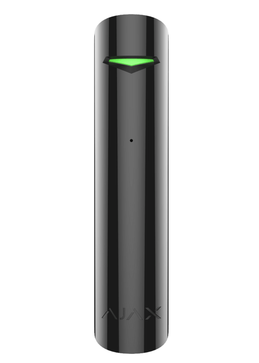 Black Ajax GlassProtect glass break sensor, Front view 20 × 90 mm in size IP50 rated. wireless detector