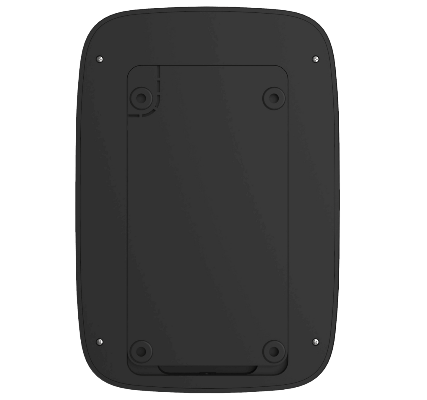 Black Ajax KeyPad Plus a wireless touch keypad for home security, 165 × 113 × 20 mm in size, 267 grams in weight. used for the the Ajax security system, back view of device