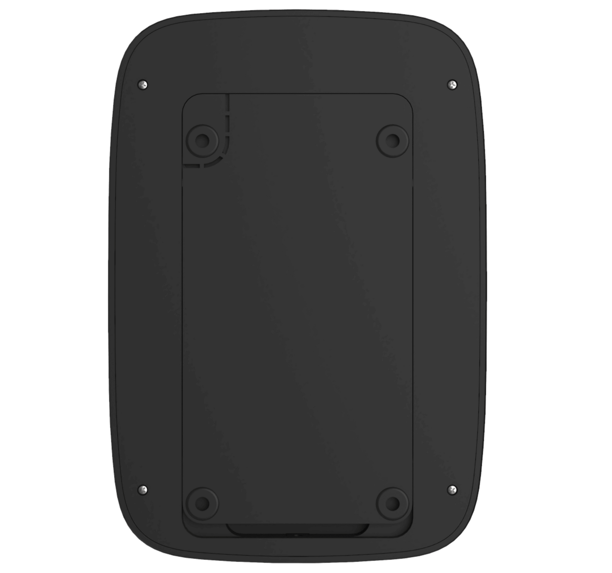 Black Ajax KeyPad Plus a wireless touch keypad for home security, 165 × 113 × 20 mm in size, 267 grams in weight. used for the the Ajax security system, back view of device