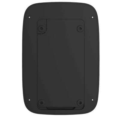 Black Ajax KeyPad Plus a wireless touch keypad for home security, 165 × 113 × 20 mm in size, 267 grams in weight. used for the the Ajax security system, back view of device