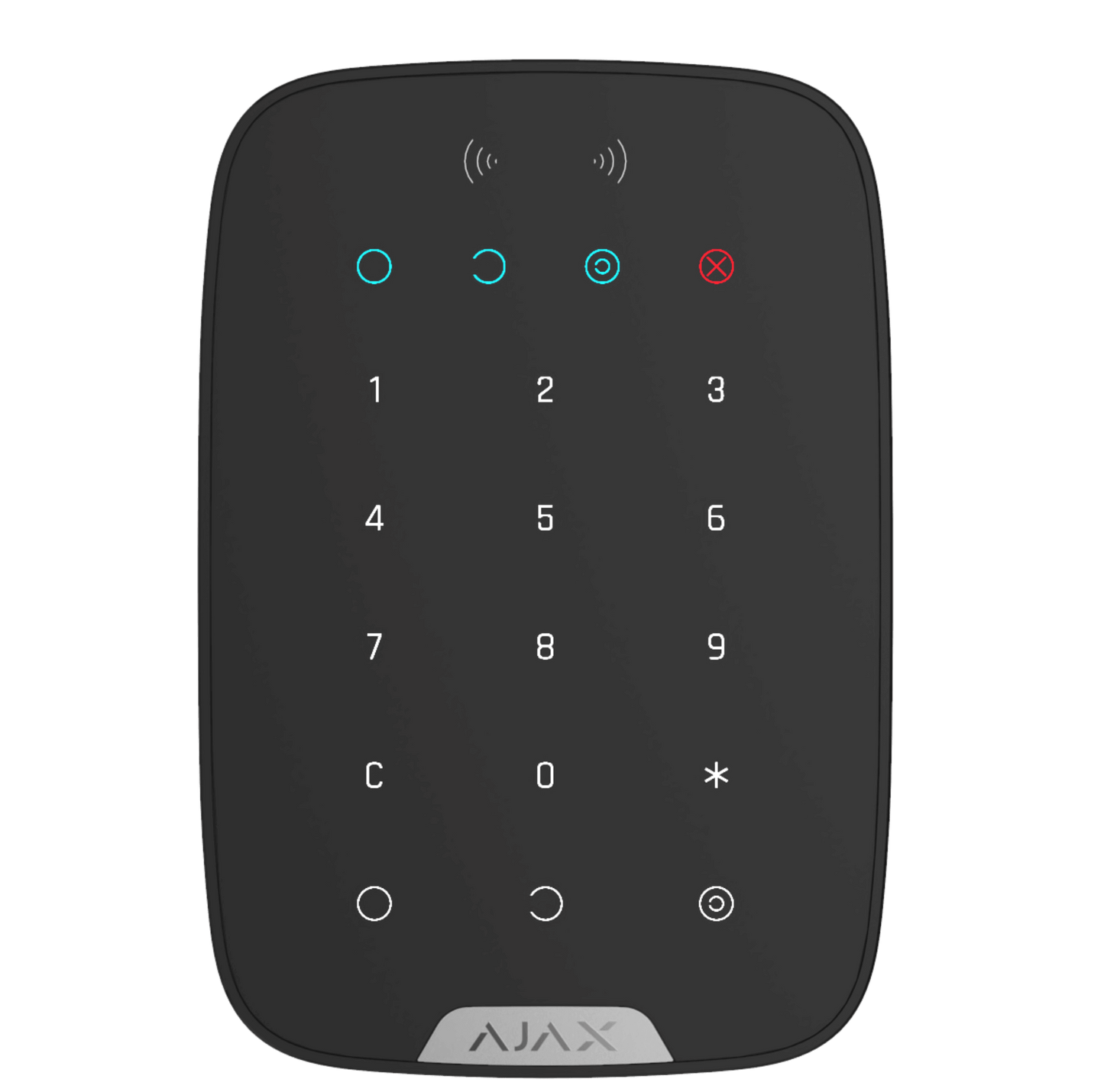 Black Ajax KeyPad Plus a wireless touch keypad for home security, 165 × 113 × 20 mm in size, 267 grams in weight. used for the the Ajax security system, front view of device