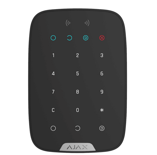 Black Ajax KeyPad Plus a wireless touch keypad for home security, 165 × 113 × 20 mm in size, 267 grams in weight. used for the the Ajax security system, front view of device