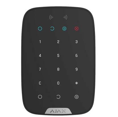 Black Ajax KeyPad Plus a wireless touch keypad for home security, 165 × 113 × 20 mm in size, 267 grams in weight. used for the the Ajax security system, front view of device