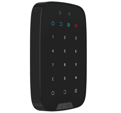 Black Ajax KeyPad Plus a wireless touch keypad for home security, 165 × 113 × 20 mm in size, 267 grams in weight. used for the the Ajax security system, turned view of device