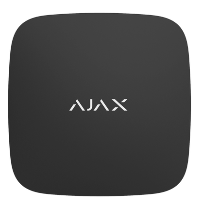 Black Ajax LeaksProtect a leak detection device for home and business security and flooding detection.  56 × 56 × 14 mm in size, 61 grams in weight, front view of device, IP65 rated