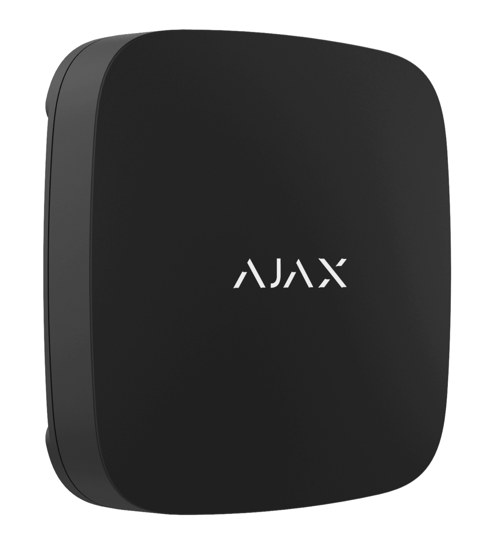 Black Ajax LeaksProtect a leak detection device for home and business security and flooding detection.  56 × 56 × 14 mm in size, 61 grams in weight, turned view of device, IP65 rated