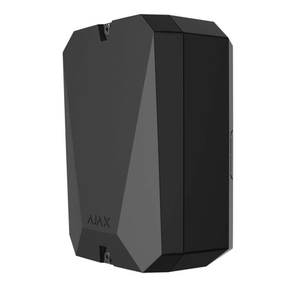 Black Ajax MultiTransmitter a third party integration device  for  Ajax Security Systems, with Battery Back up capabilities , 192 × 238 × 100 mm in size, 805 grams in weight. Buy Ajax Security Online , Right Turned view of Device.