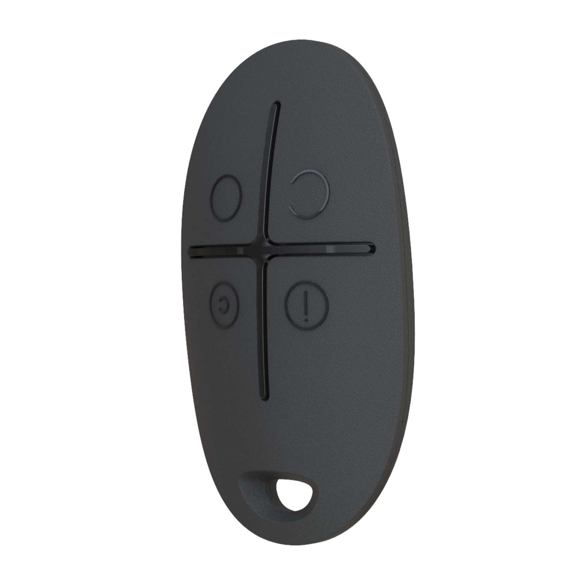 Black Ajax SpaceControl 4 button keyfob for arming and disarming of your Ajax Security System for business and home and security , 65 × 37 × 10 mm in size, 13 grams in weight, Side View of Device, rated IP50