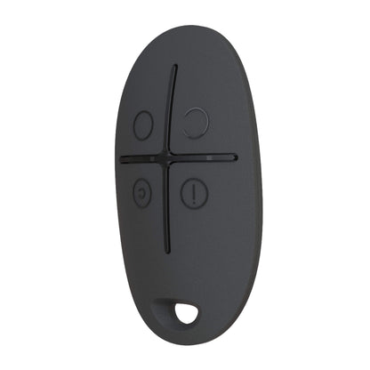 Black Ajax SpaceControl 4 button keyfob for arming and disarming of your Ajax Security System for business and home and security , 65 × 37 × 10 mm in size, 13 grams in weight, Side View of Device, rated IP50