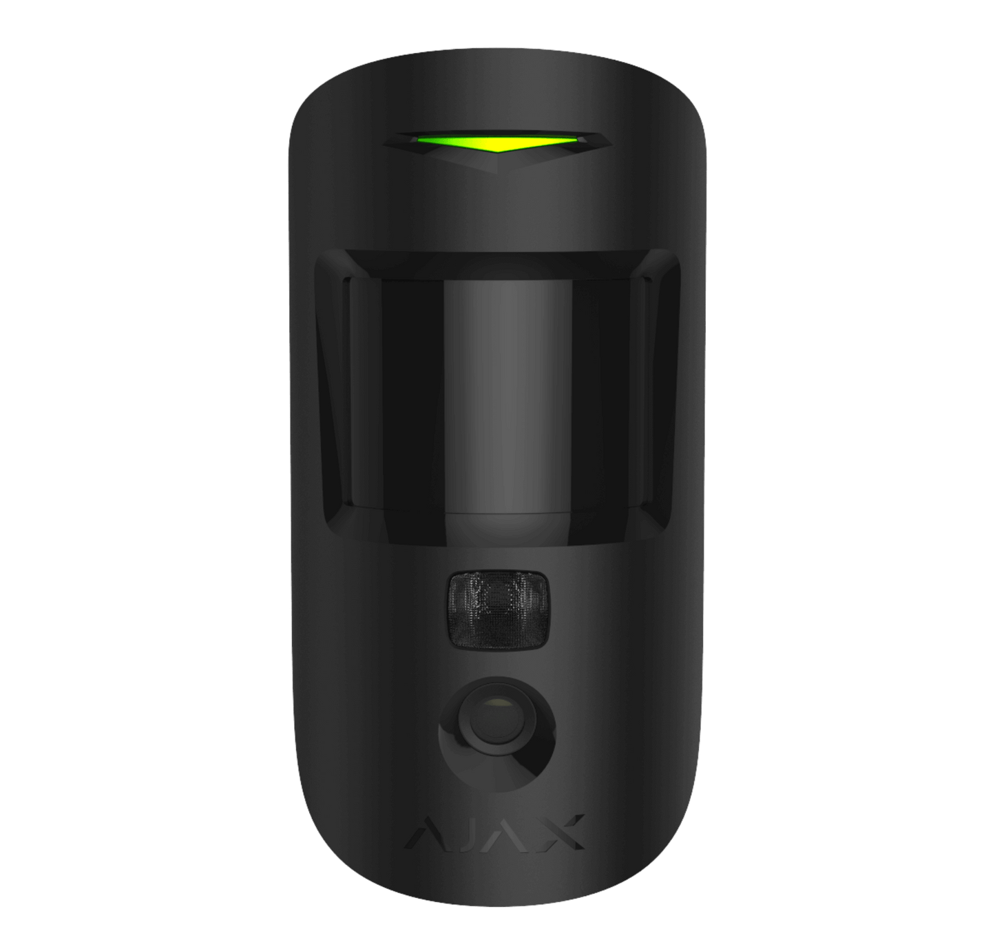 Black Ajax MotionCam (PhoD) a wireless motion detector with a built in camera for home and business security, 110 × 65 × 50 mm in size, 86 grams in weight. front view of device