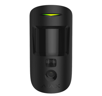 Black Ajax MotionCam (PhoD) a wireless motion detector with a built in camera for home and business security, 110 × 65 × 50 mm in size, 86 grams in weight. front view of device