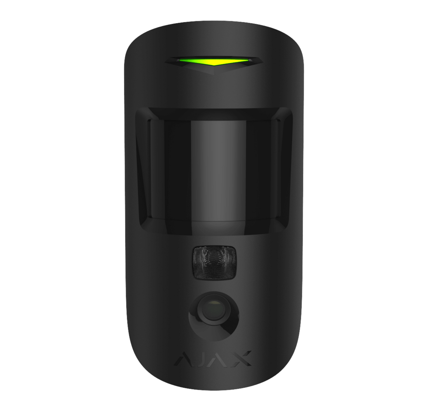 Black Ajax MotionCam a wireless motion detector with a built in camera for home and business security, 110 × 65 × 50 mm in size, 86 grams in weight. front view of device