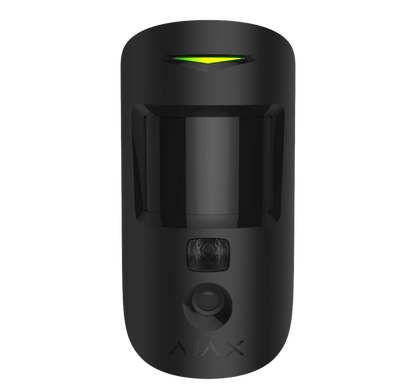 Black Ajax MotionCam a wireless motion detector with a built in camera for home and business security, 110 × 65 × 50 mm in size, 86 grams in weight. front view of device
