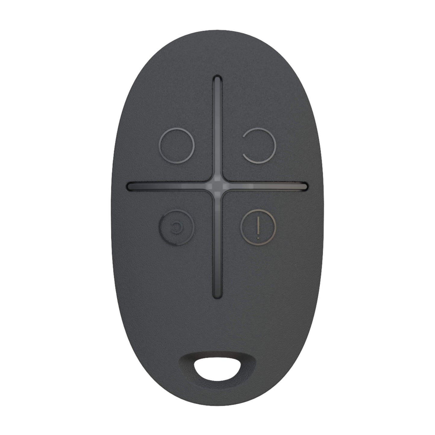 Black Ajax SpaceControl 4 button keyfob for arming and disarming of your Ajax Security System for business and home and security , 65 × 37 × 10 mm in size, 13 grams in weight, Front View of Device, rated IP50