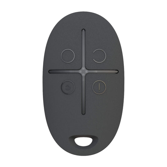 Black Ajax SpaceControl 4 button keyfob for arming and disarming of your Ajax Security System for business and home and security , 65 × 37 × 10 mm in size, 13 grams in weight, Front View of Device, rated IP50