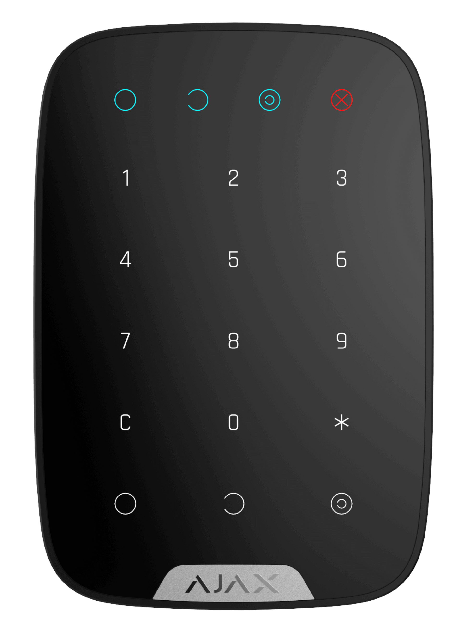 Black Ajax KeyPad a practical numerical keypad for alarm system control,  150 × 103 × 14 mm in size , 197grams in weight for smart home and business security, front view