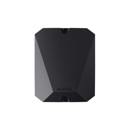 Black Ajax VHF Bridge, a module for intergration of third party VHF transmitters, for smart home and business security. Ships in 196 × 238 × 100 mm. Weighs 850grams. For indoor installations ships without a battery. Front view of device.