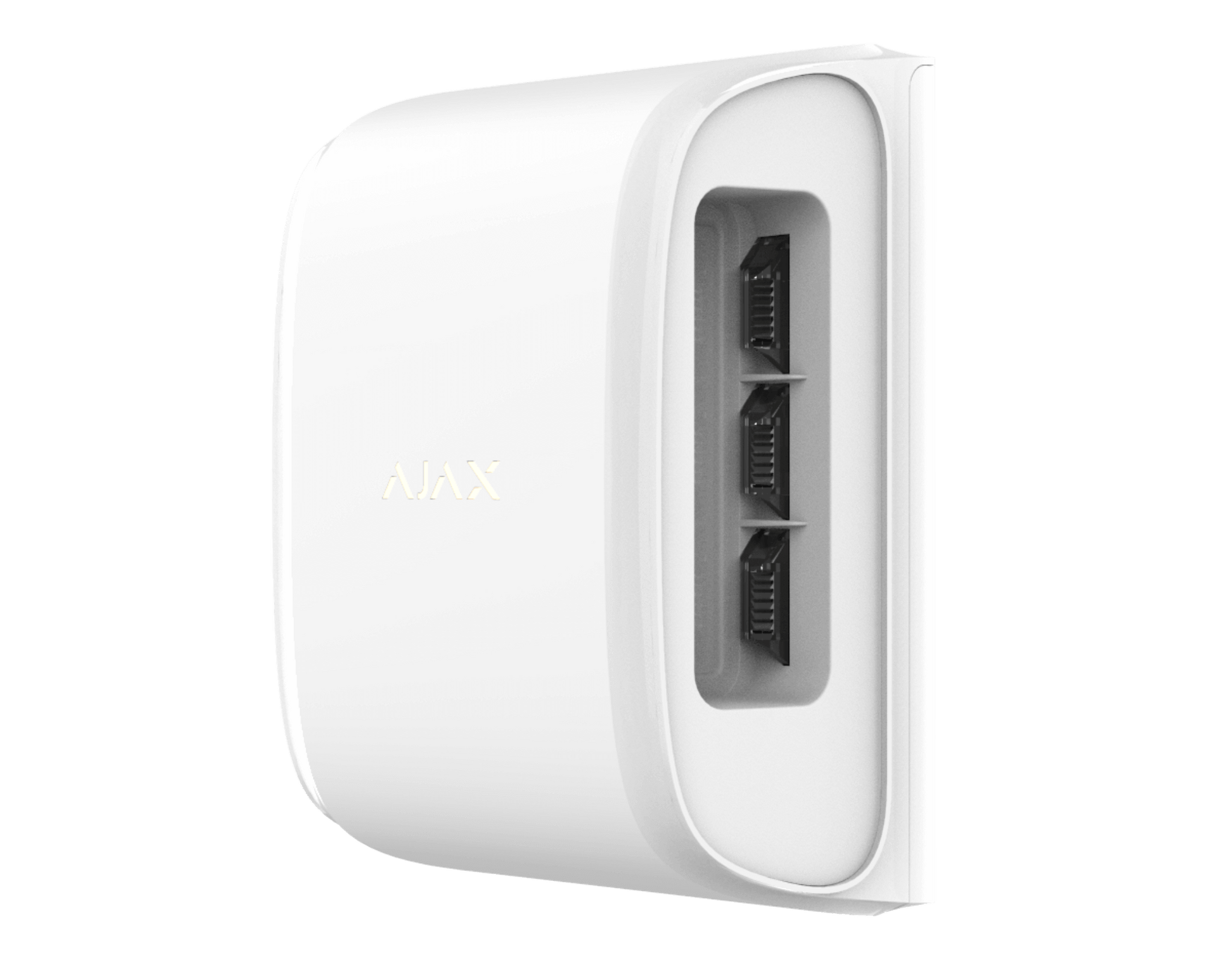 White Ajax dual curtain outdoor motion sensor , turned view