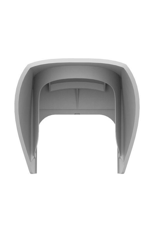 White Ajax hood for the Ajax MotionProtect outdoor motion detector, 110 × 96 × 90 mm in size. 71 g in weight. Made from Plastic, Front view of product