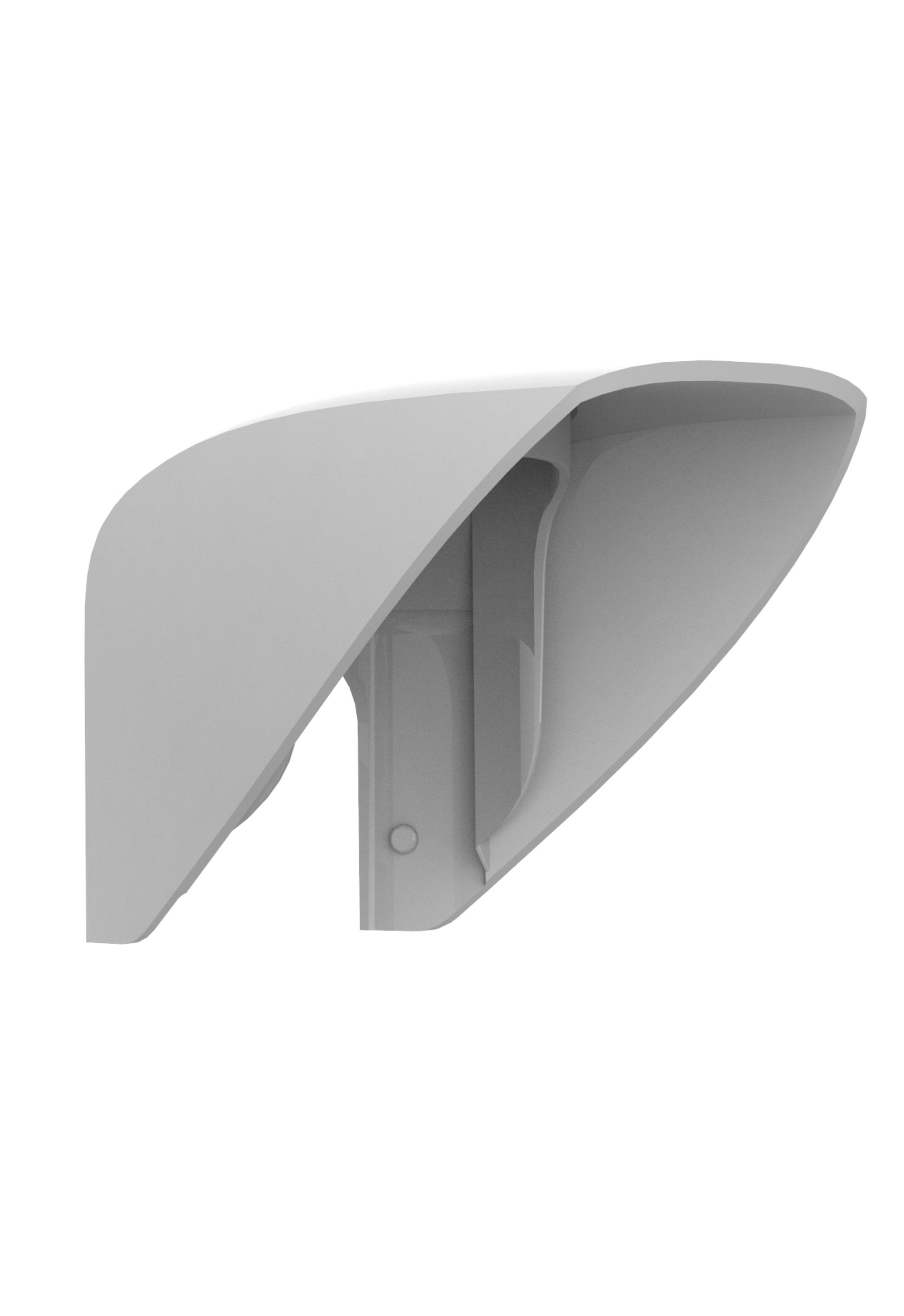 White Ajax hood for the Ajax MotionProtect outdoor motion detector, 110 × 96 × 90 mm in size. 71 g in weight. Made from Plastic , Side view of product